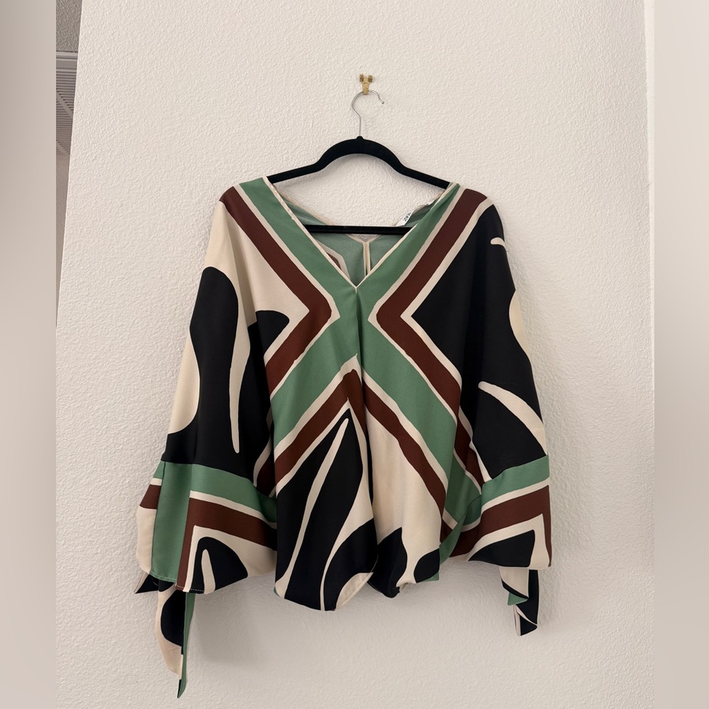 Zara Multi-Color Geometric Pant Set in Green, Brown, Black & Cream
